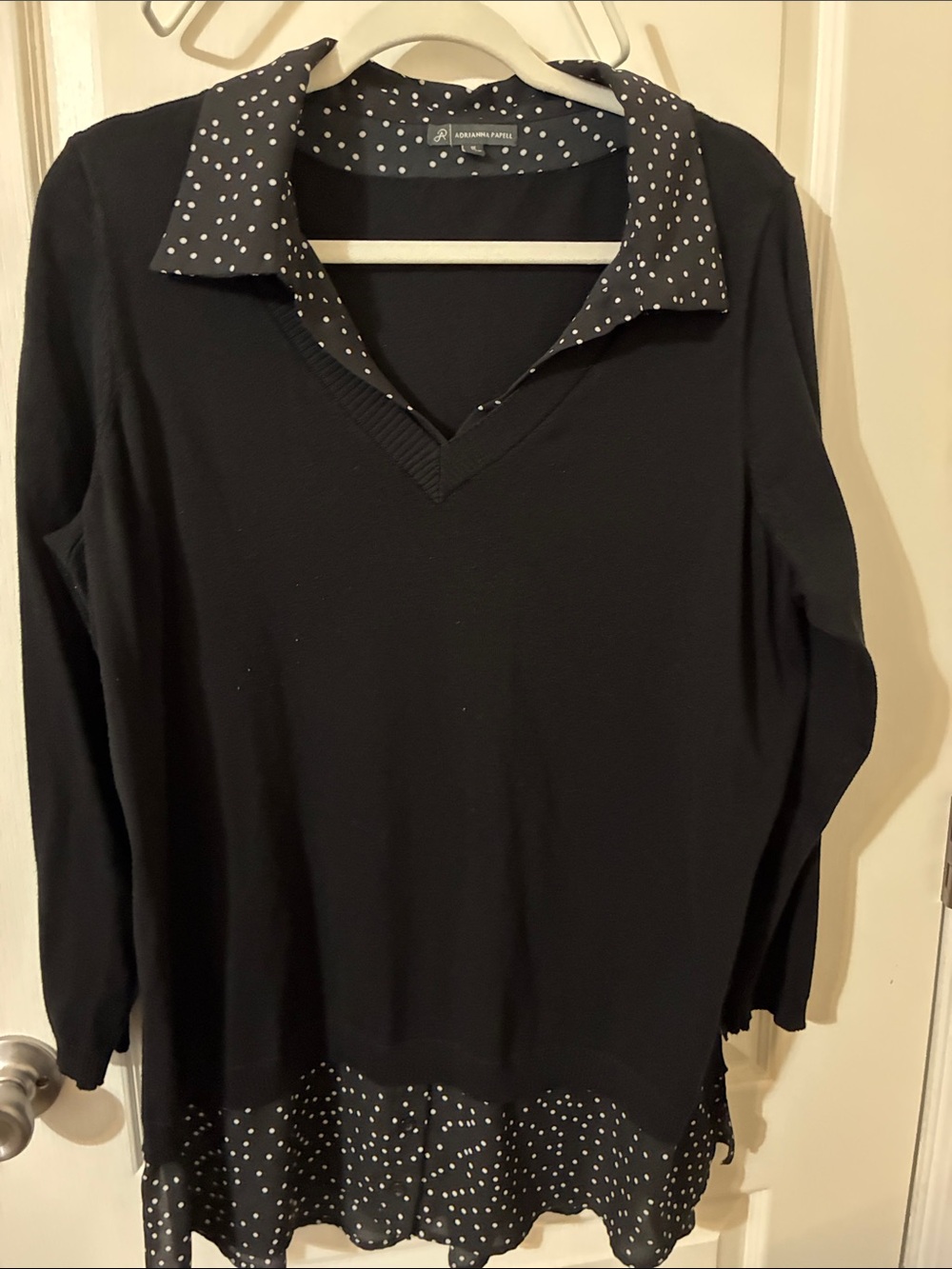 Adrianna Papell Black V-Neck Layered Tunic with White Polka Dots